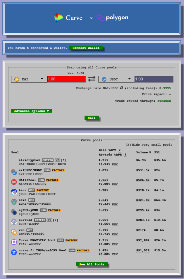 screenshot of curve finance x polygon DeFi pool